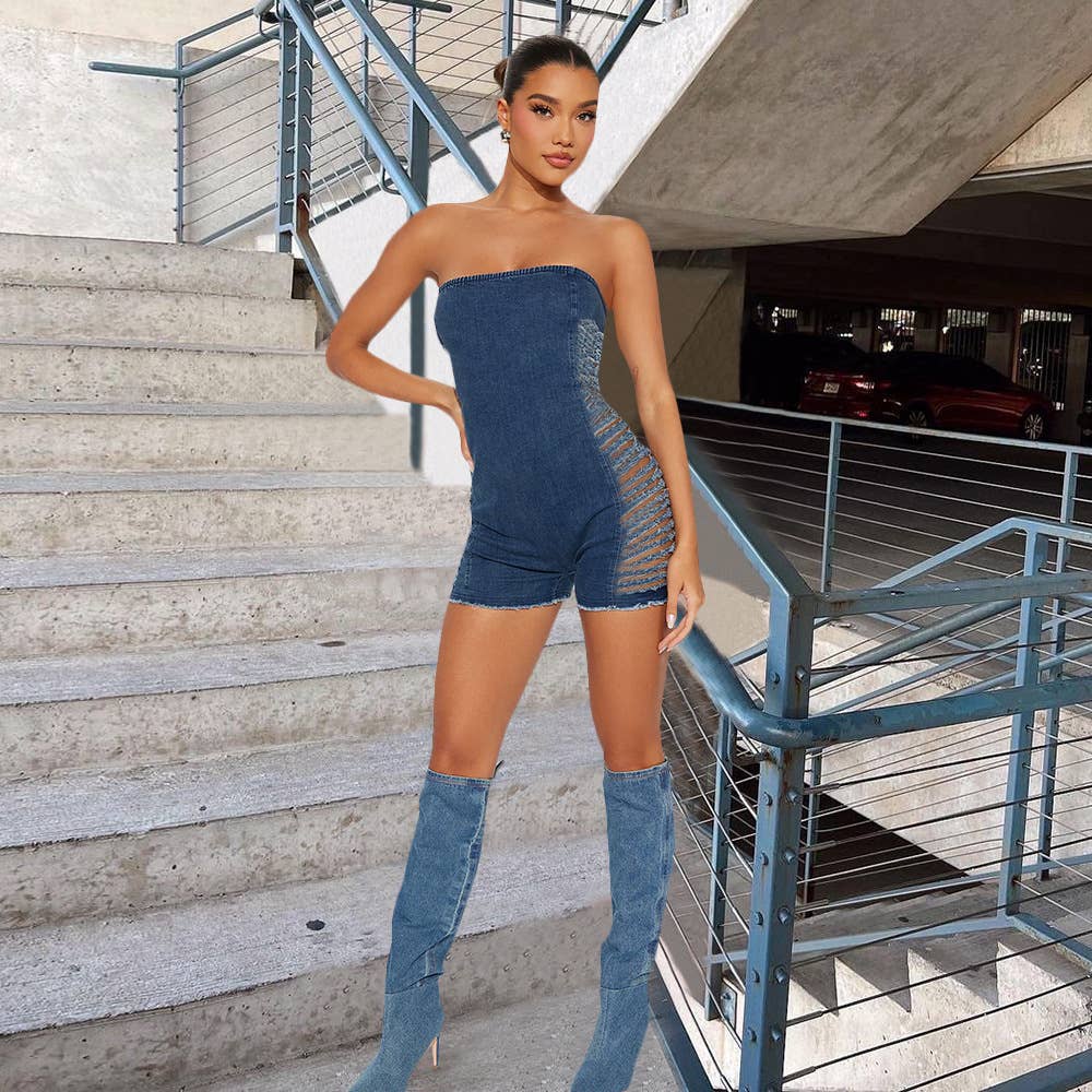 Ripped zipper, chest-hugging denim jumpsuit