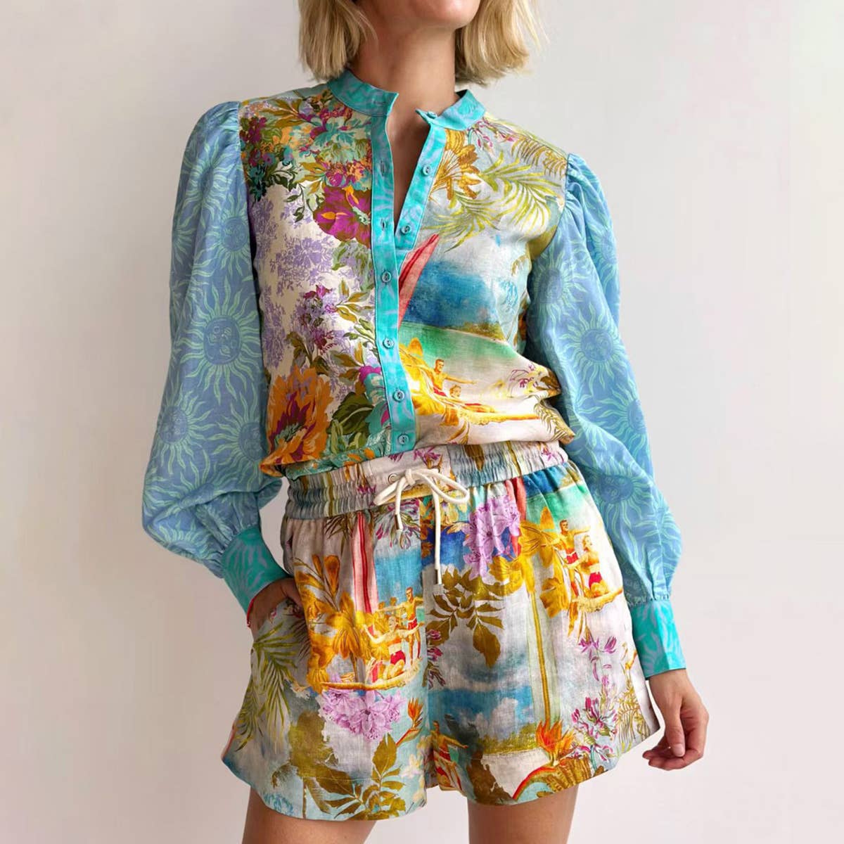 Temperament linen long sleeve shirt shorts suit