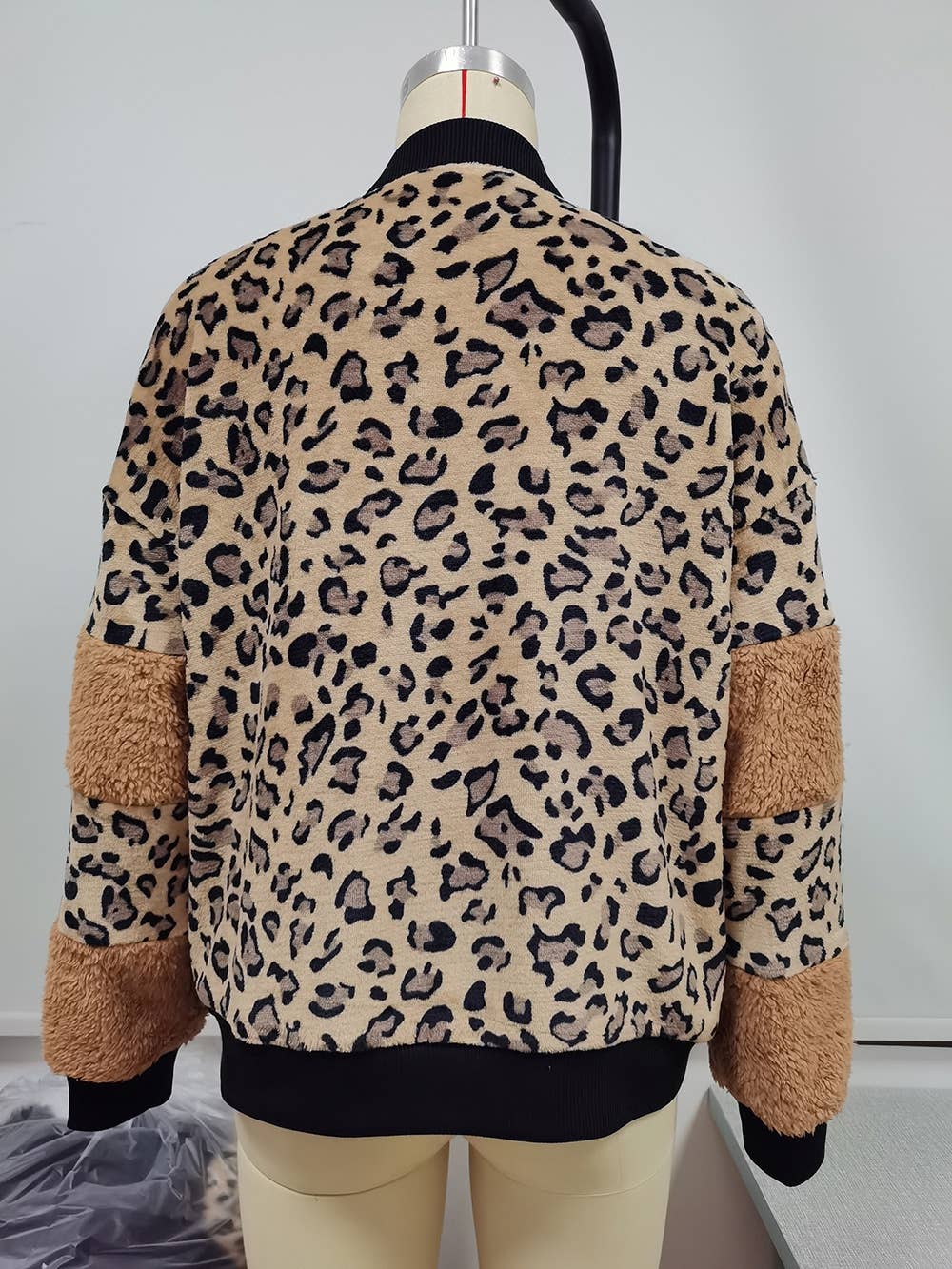 LEOPARD PRINT PATCHWORK PLUSH ZIPPER FUR COAT