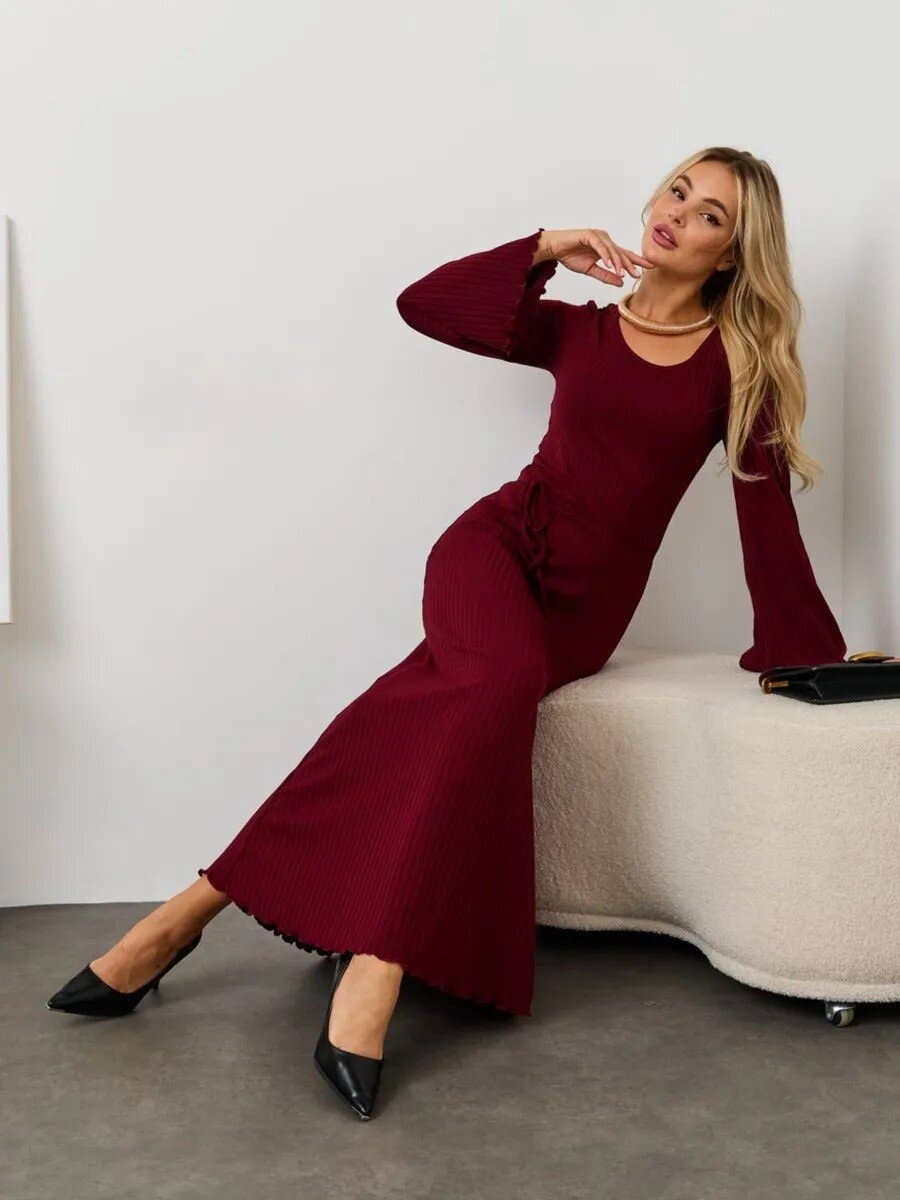 Loose U collar back strap flared sleeve dress