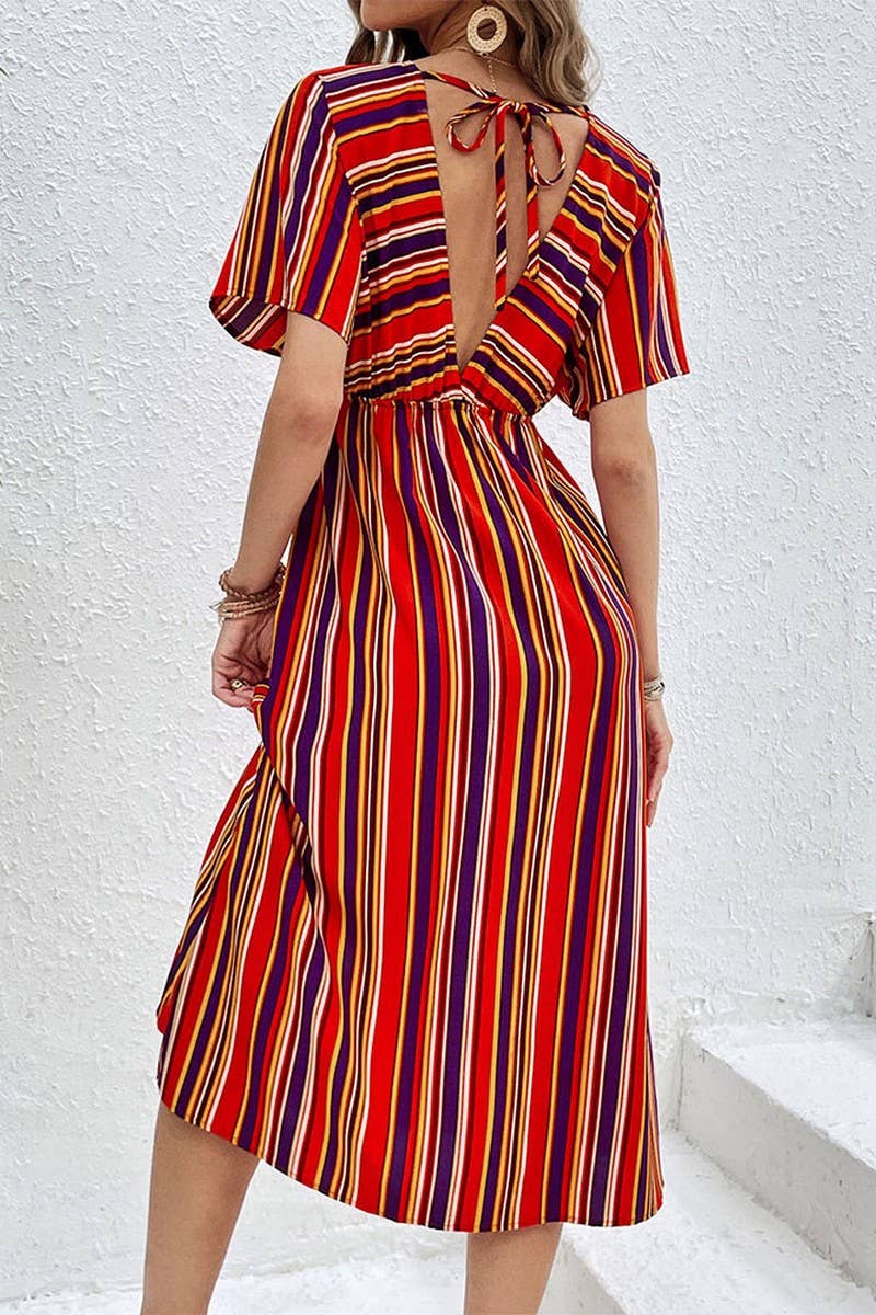 CWDMD4680_COLORFUL STRIPED V-NECK CASUAL HIGH WAIST DRESS