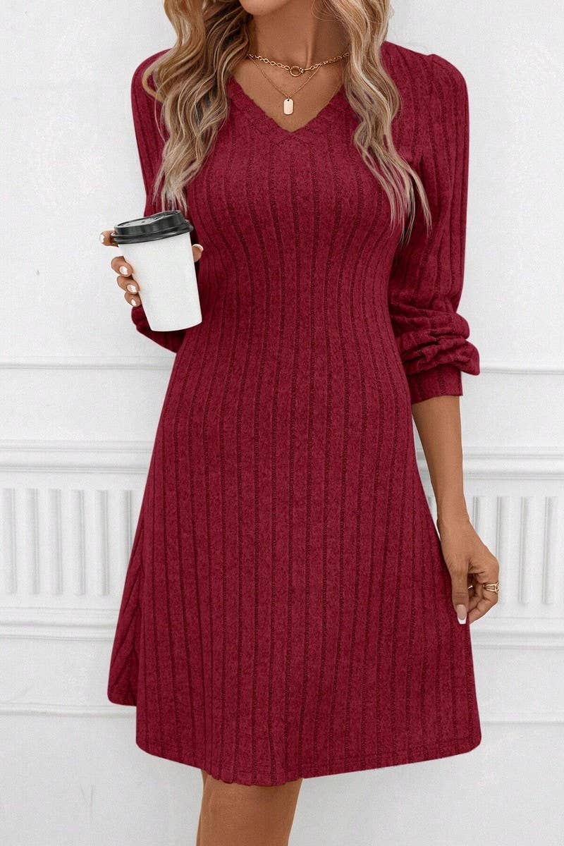 CWDSD6478_V-NECK BURGUNDY HIGH WAIST FITTED MIDI DRESS