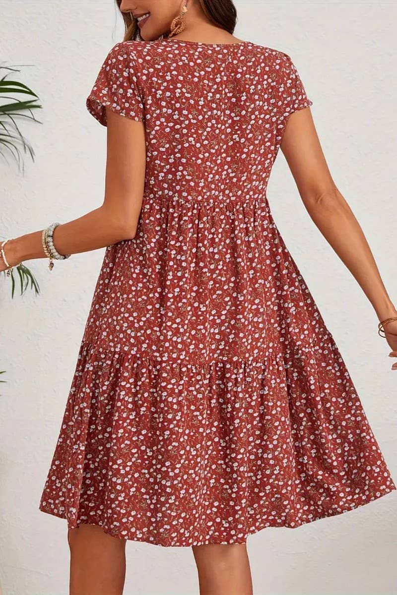 CWDMD5595_SPRING AND SUMMER PRINTED ROUND NECK DRESS