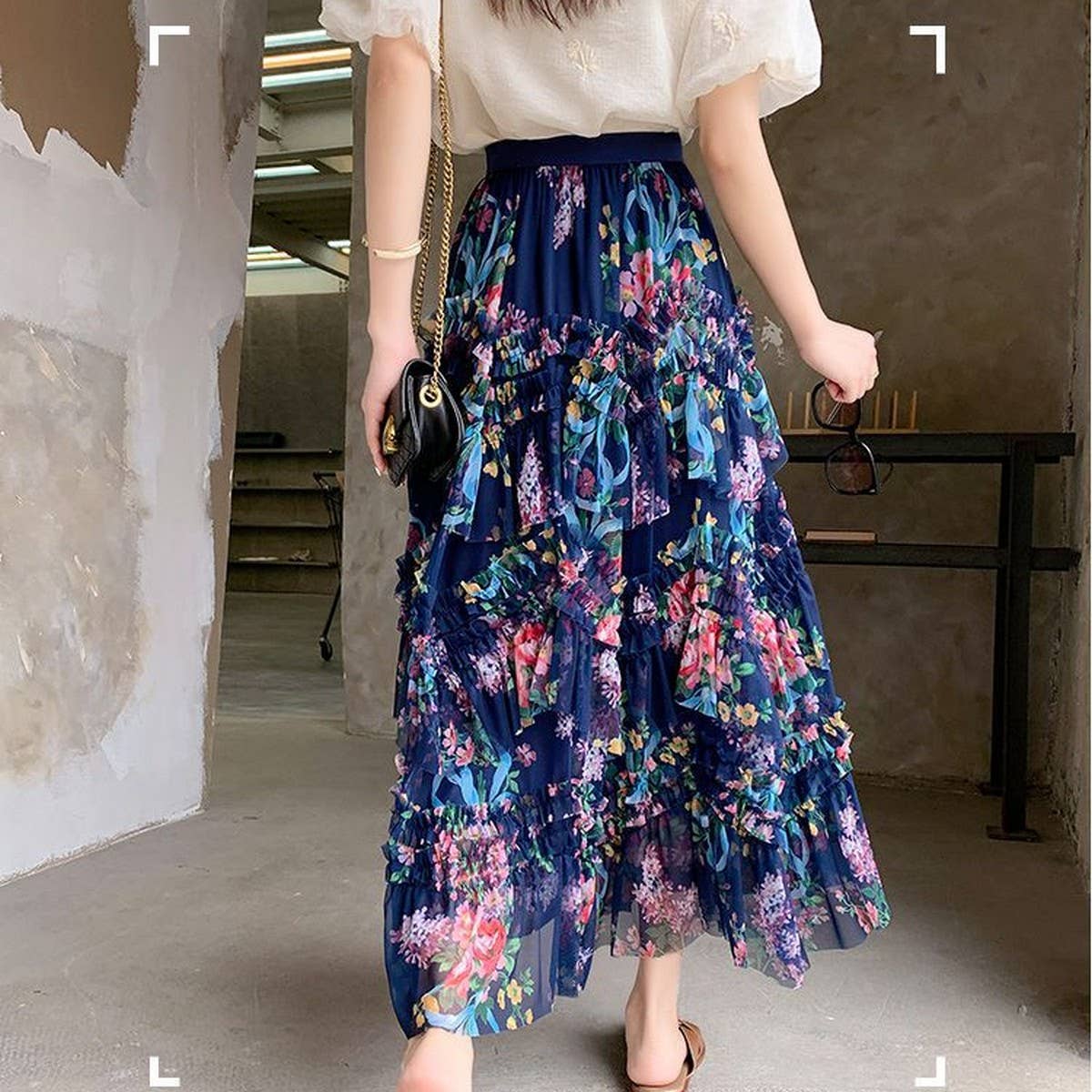 COLORFUL FLORAL MESH PRINT PLEATED TULLE SKIRT