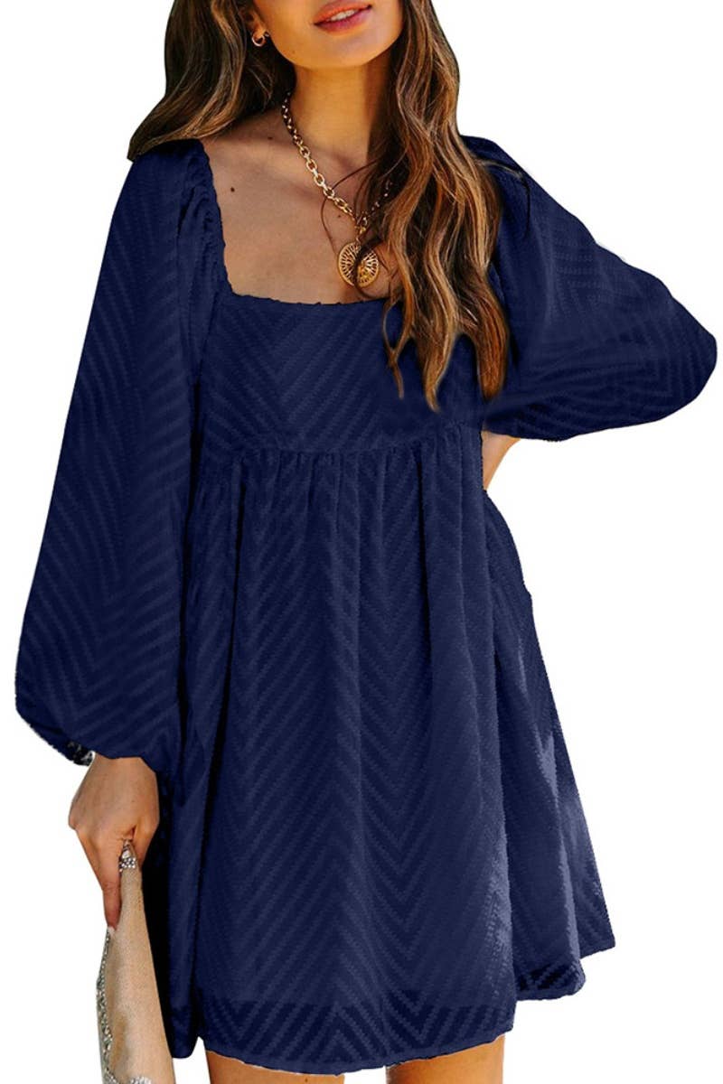 CWDSD6596_JACQUARD SQUARE COLLAR LANTERN SLEEVE DRESS SHORT