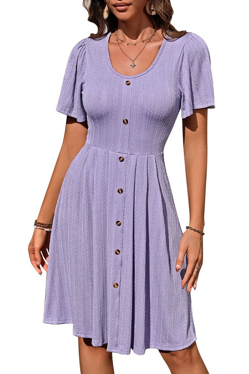 CWDSD6685_ROUND NECK BUTTON STRETCH SHORT SLEEVE DRESS