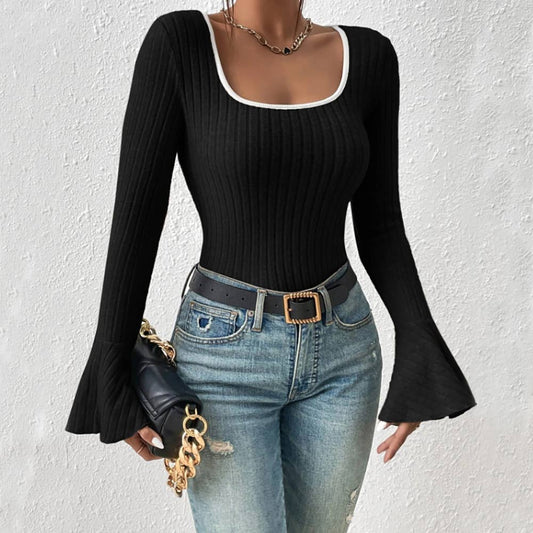 LONG SLEEVE T-SHIRT WITH SQUARE COLLAR SLIT HORN