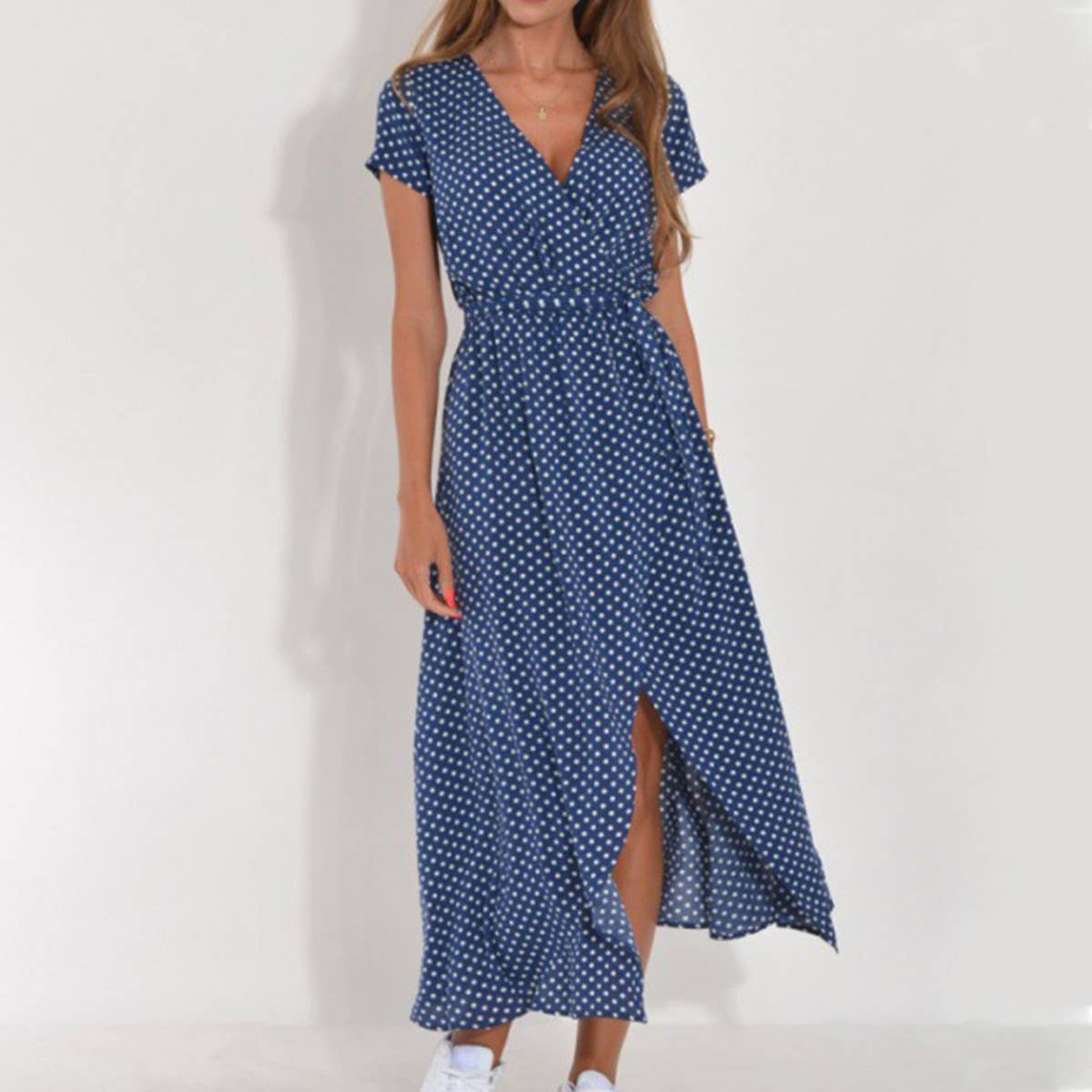 Abstract print V-neck lace-up long slit dress