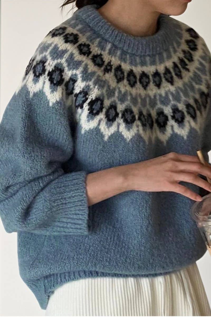 CWOSWL07113_ETHNIC LONG SLEEVE FAIR ISLE CREWNECK SWEATER