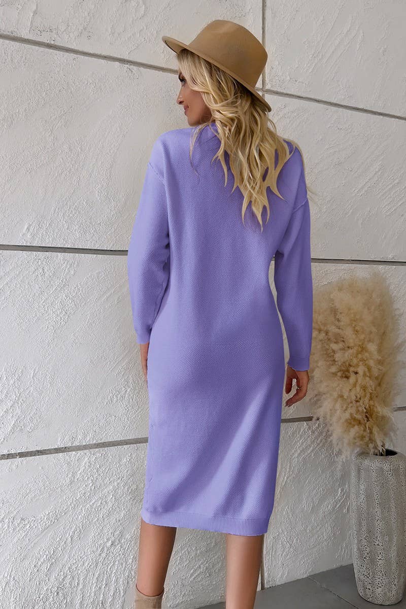 WOMENS CASUAL ROUND NECK BUTTON UP SWEATER DRESS_CWDMD0708