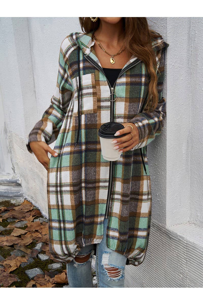 CWOCO0236_Casual Baggy Plaid Long Sleeved Zipper Hooded Coat
