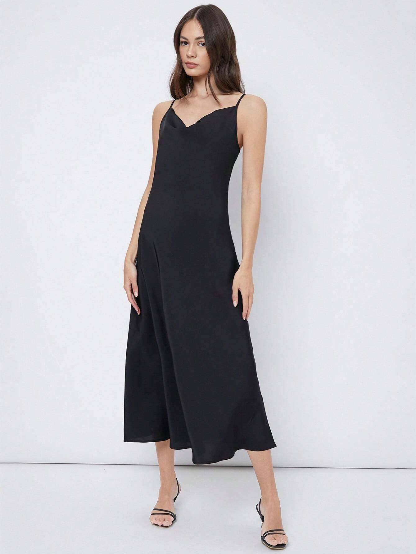 Party swing neck slip dress in lustrous satin