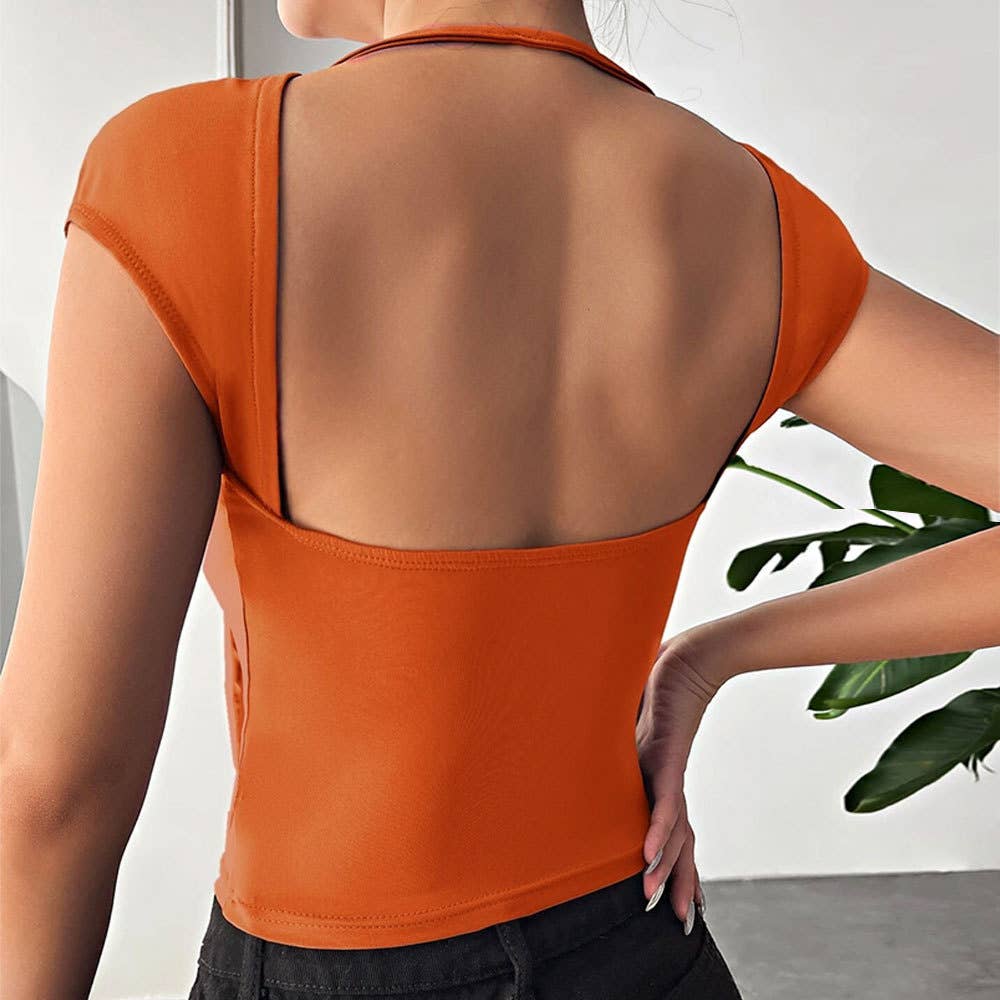 Sexy backless slim knit short-sleeved T-shirt