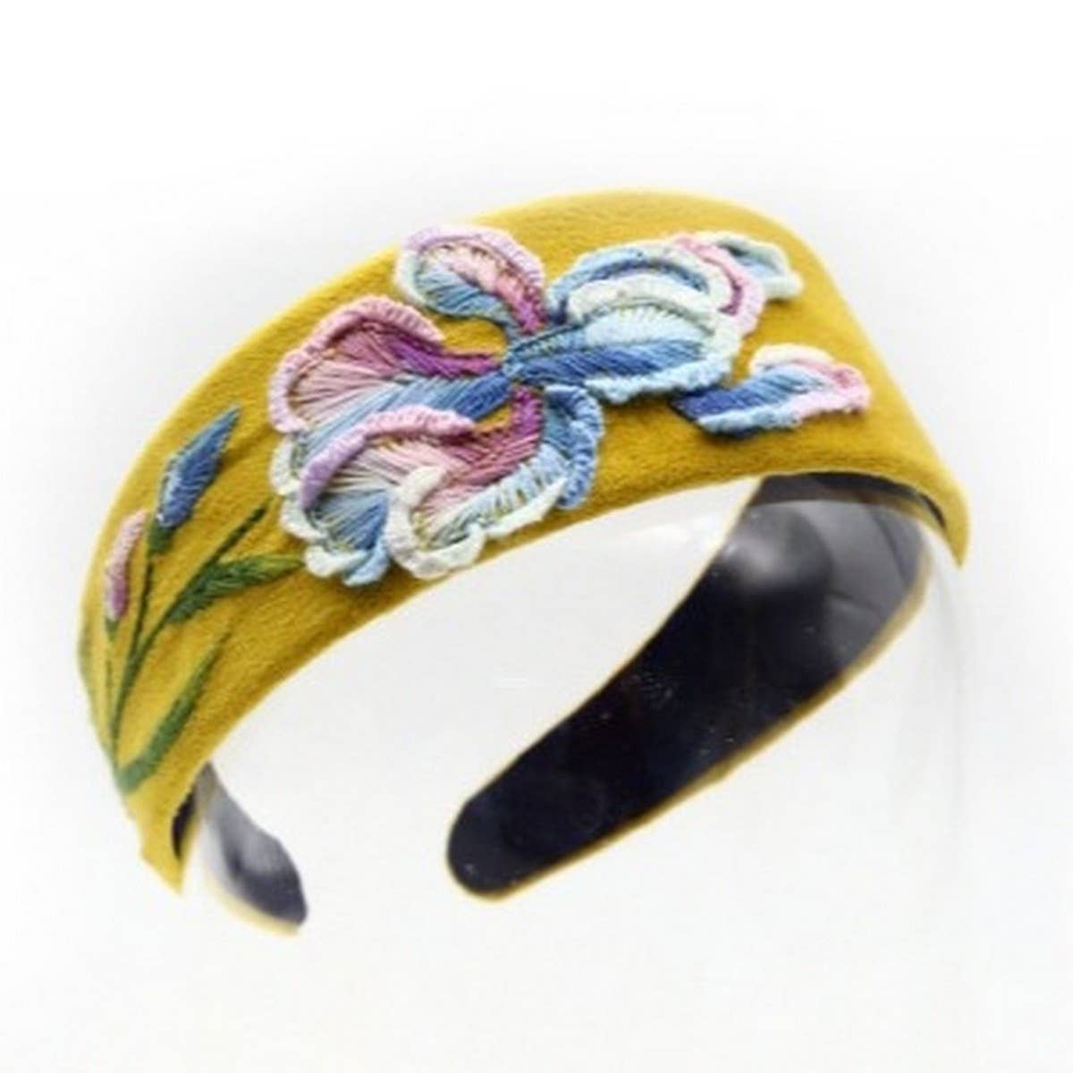 Embroidered Blue Floral Headband with Wide Band