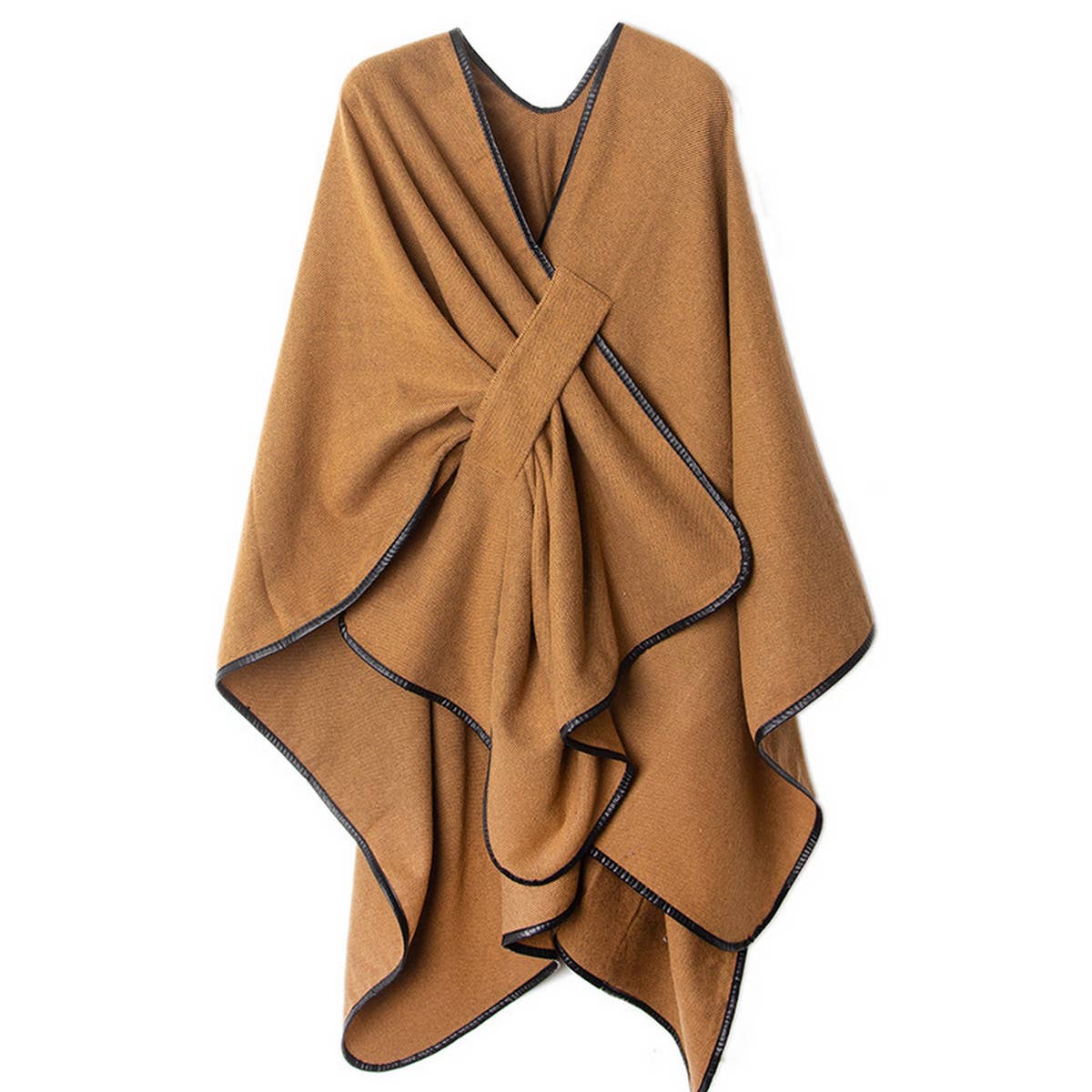 BUCKLE LEATHER SOLID CAMEL COLOR SPLIT SHAWL_CWASC1210