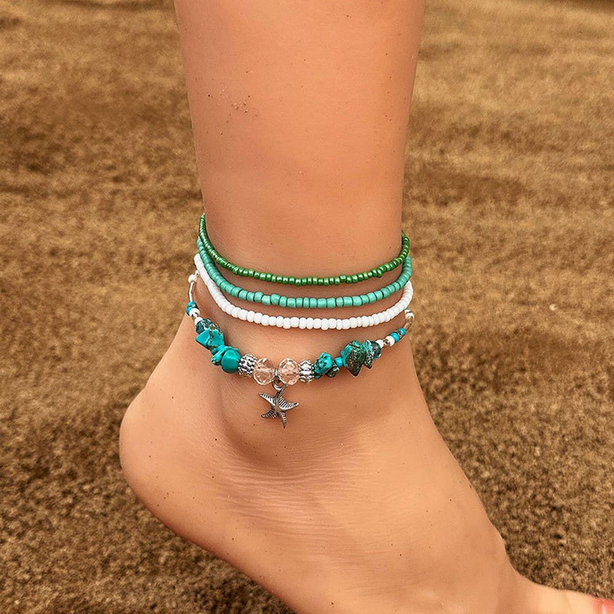 Boho Beaded Anklet ??Starfish & Shell Charms_CWMM6344