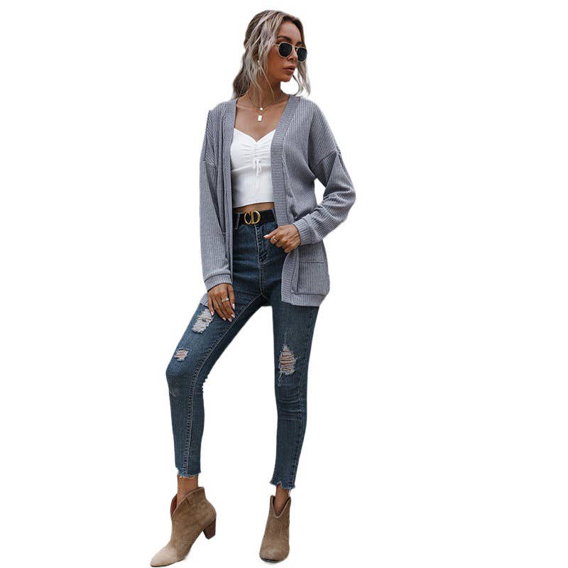 V-NECK SOLID COLOR LOOSE CASUAL SWEATER COAT