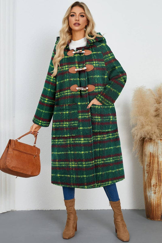 CWOCO0940_HORN BUTTON PLAID HOODED WOOLEN LONG COAT