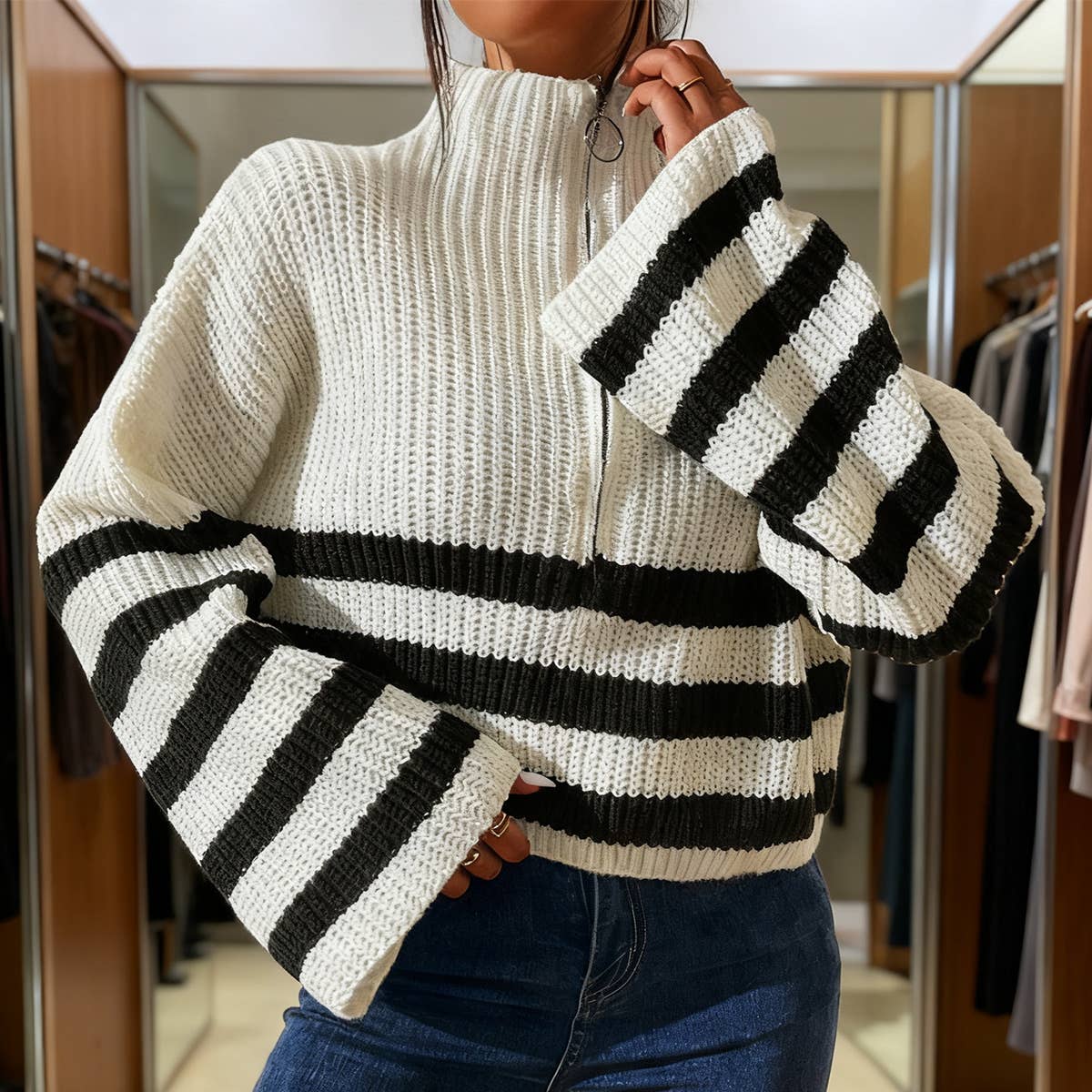 Striped color-blocking stand-up knitted sweater