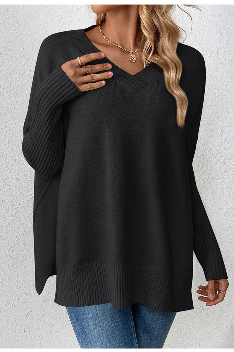 CWOCAL0805_V-NECK LOOSE STITCHING LONG-SLEEVED SWEATER