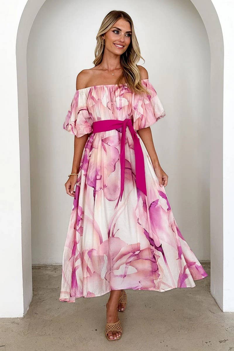 CWDMD5899_ELEGANT OFF-SHOULDER WAISTED PUFF SLEEVE DRESS