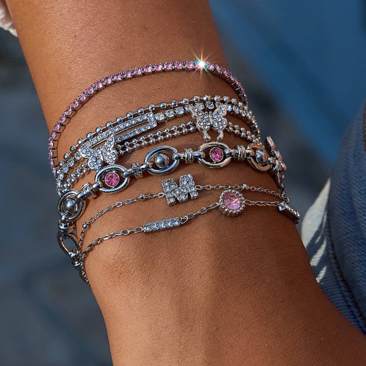 18K Gold Pink Zircon Round Chain Bracelet, Steel_CWAJE4678