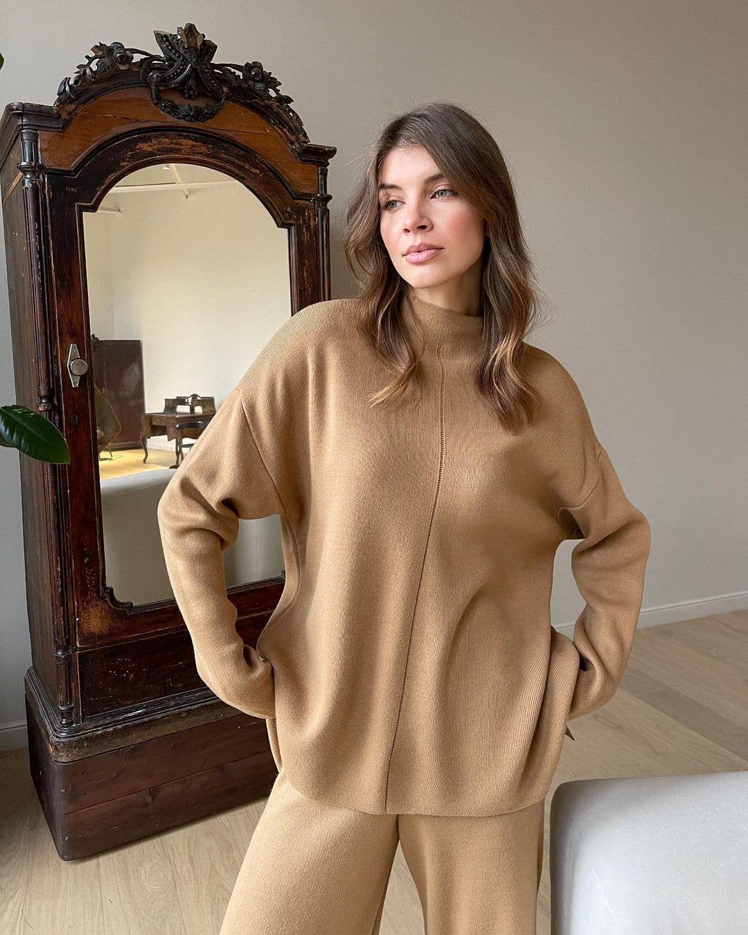 LONG SLEEVE LOOSE SWEATER KNIT TOP PANT SUIT