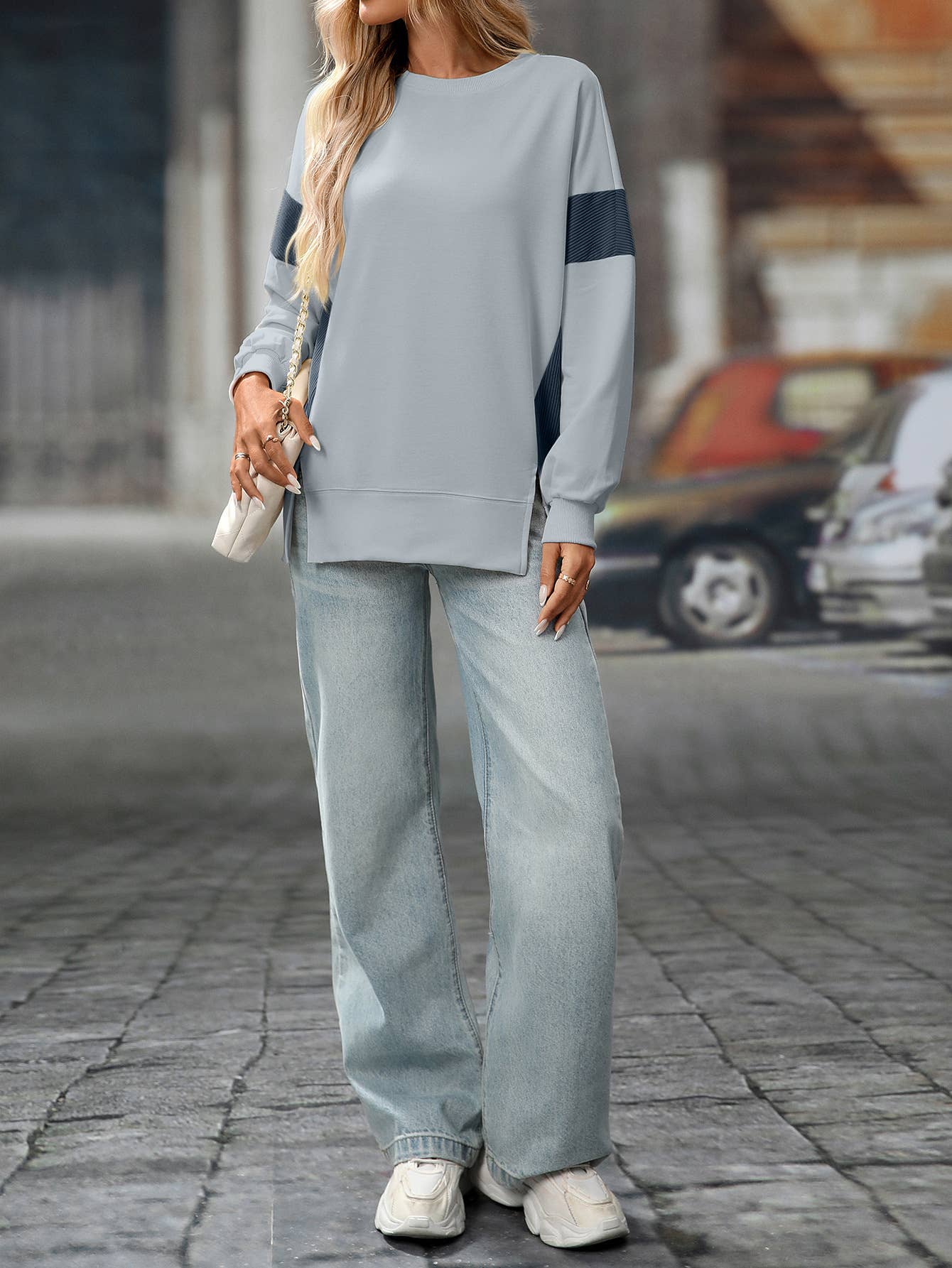 Round-neck,color-blocked,casual loose hoodie