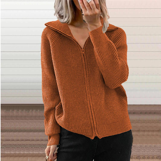 Striped casual loose knitted zipper cardigan