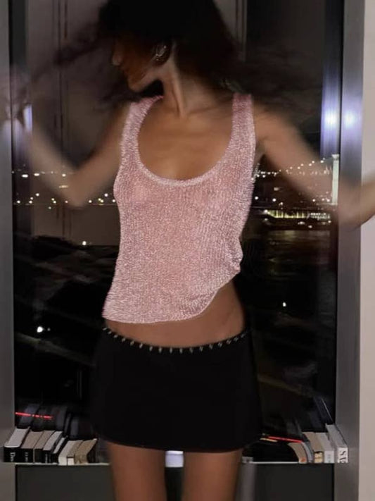 See-through slimming knitted shiny thread vest