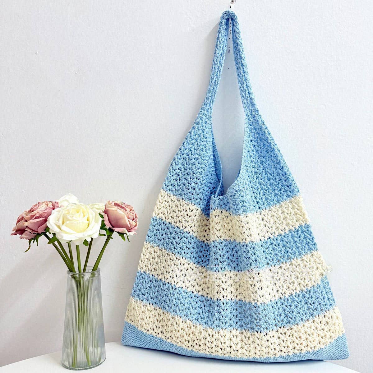 CUAB00629_2025 STRIPED WOVEN TOTE BAG LARGE CAPACITY SHOULDE