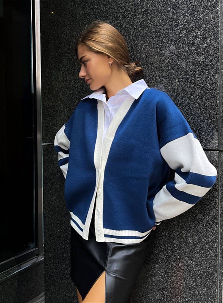 FASHION CONTRAST COLOR CARDIGAN LOOSE SWEATER