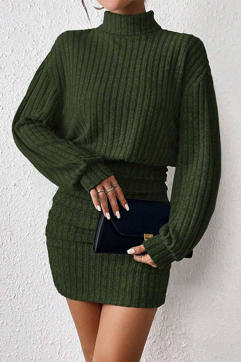 CWDSD6470_SOLID COLOR HIGH COLLAR HIP WRAP KNIT DRESS