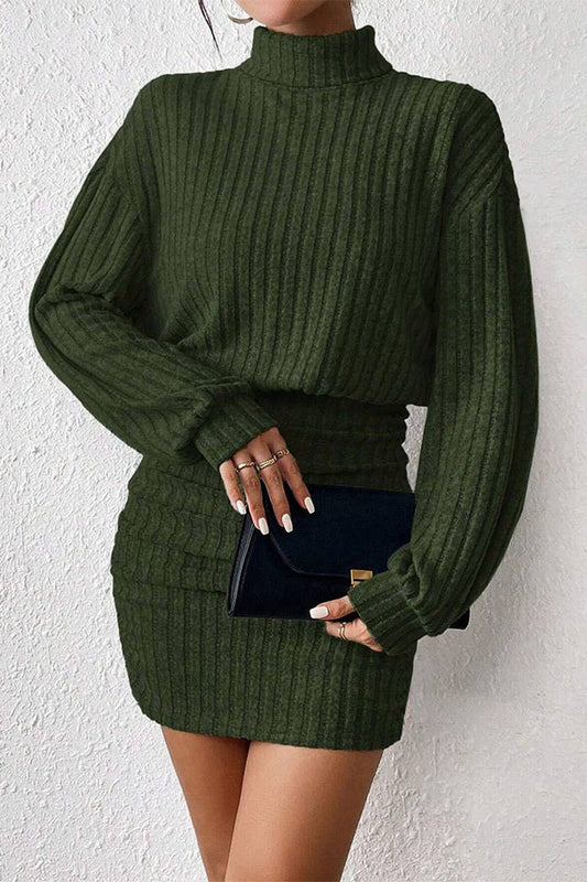 CWDSD6470_SOLID COLOR HIGH COLLAR HIP WRAP KNIT DRESS