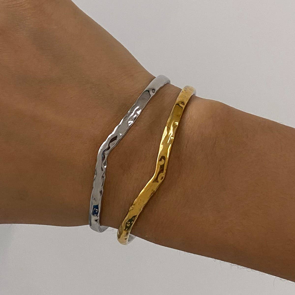 18K Gold Silver Hammered Double Layer Cuff_