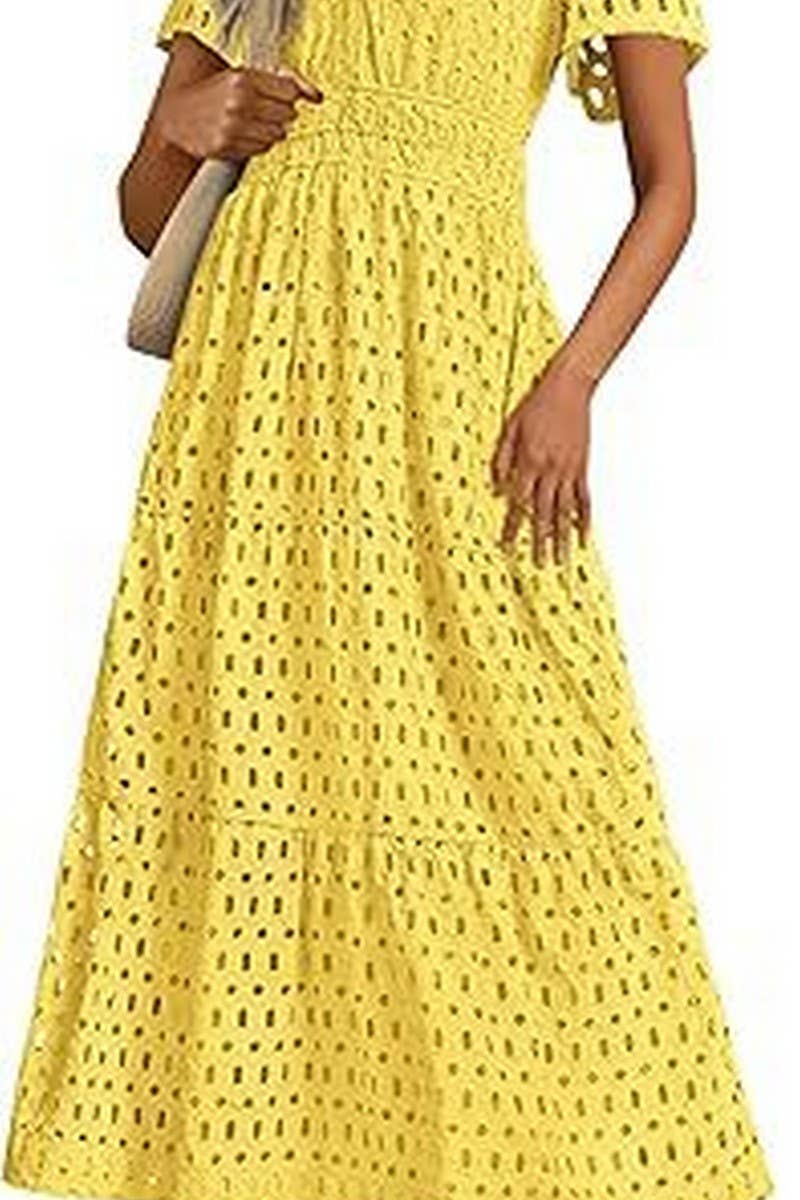 CWDMD6339_V-NECK HOLLOW EYELET PLEATED SHORT SLEEVE DRESS