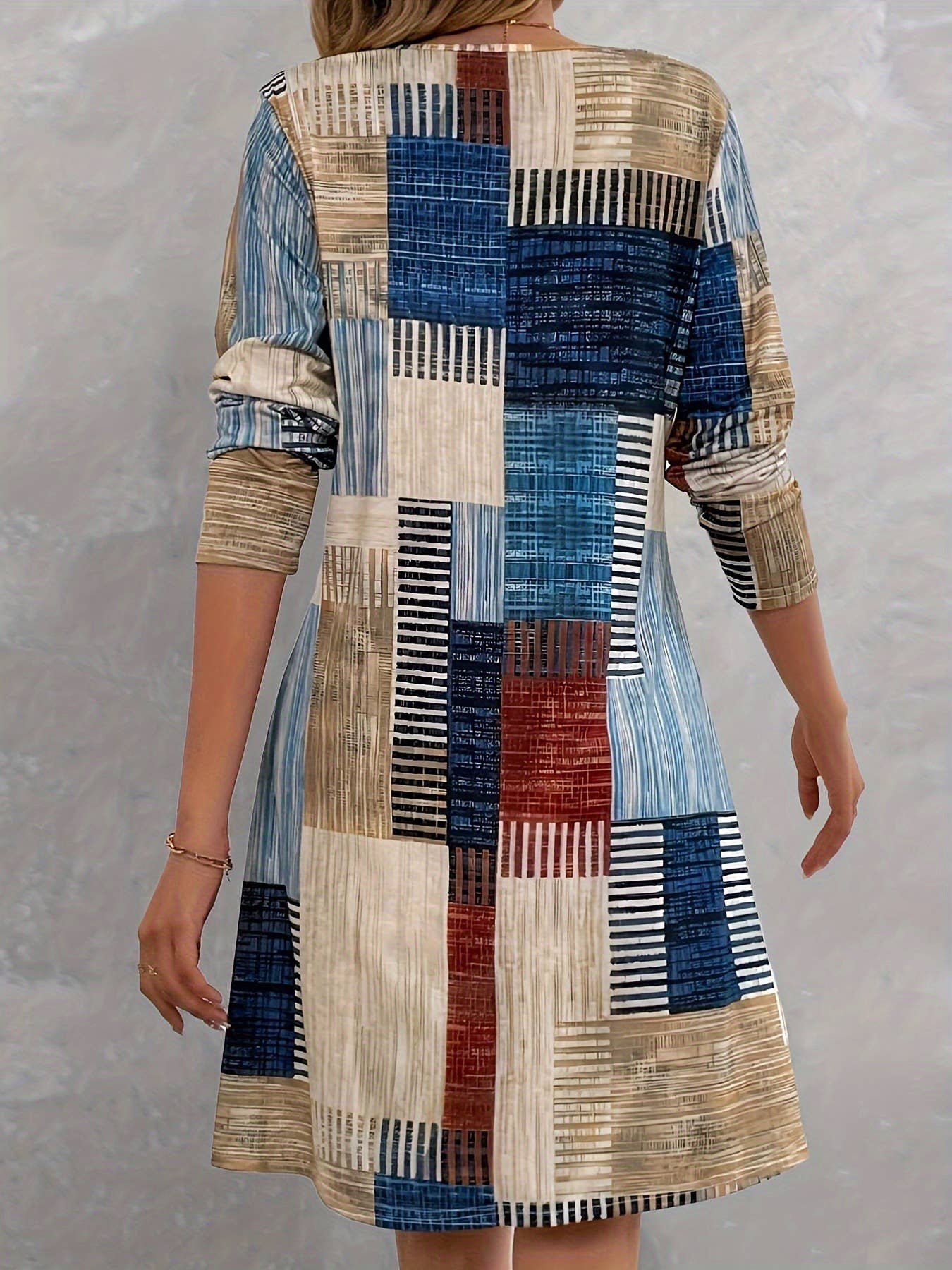 LOOSE FASHION V-NECK COLORFUL PLAID DRESS