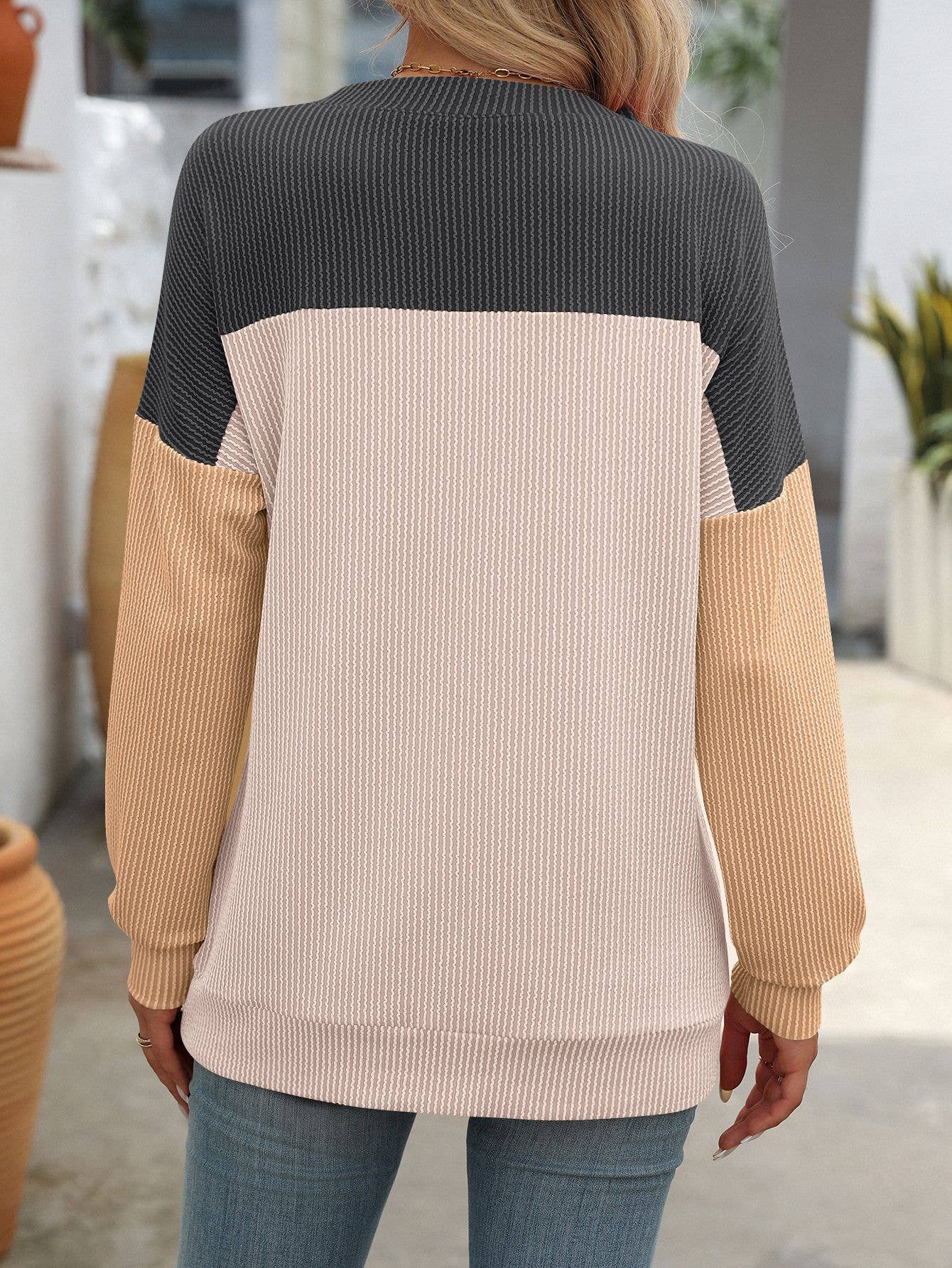 ROUND NECK TWIST STRIP LONG SLEEVE LOOSE T-SHIRT