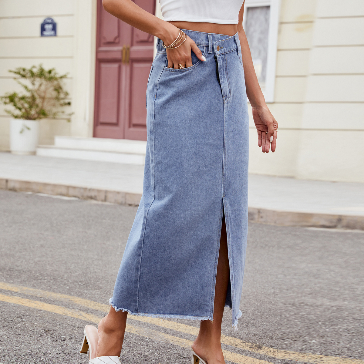 Women??¢s Washed Denim Maxi Skirt Asymmetrical_CWJSK0205