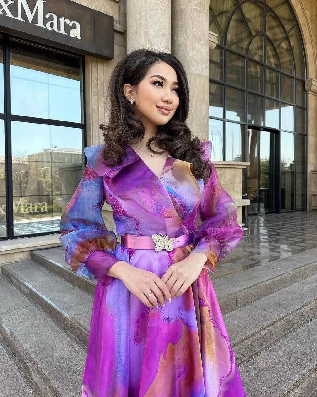 PRINT DRESS WITH BELT SWING MESH