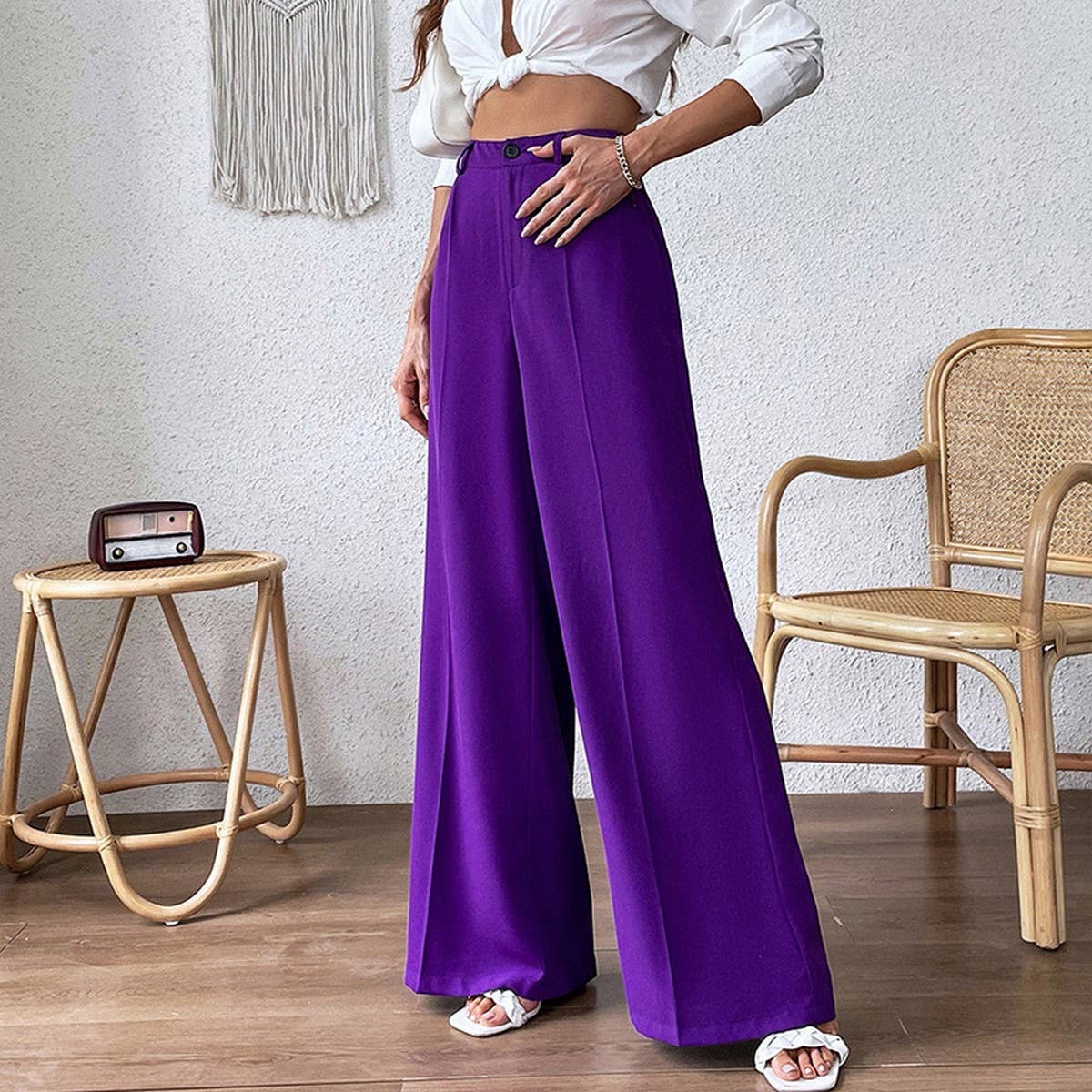 Loose solid color straight leg long wide leg pants