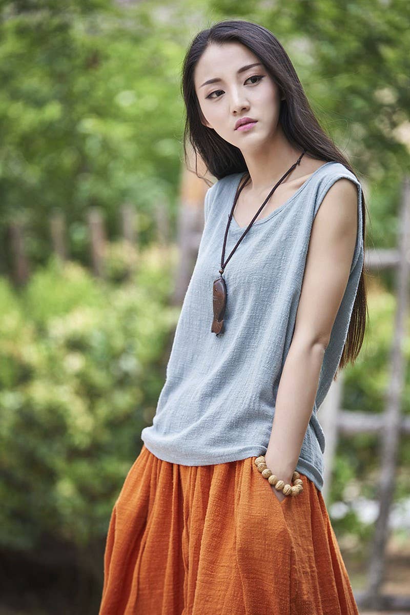 Cwtblsl0565_Loose Cotton And Linen Sleeveless Vest