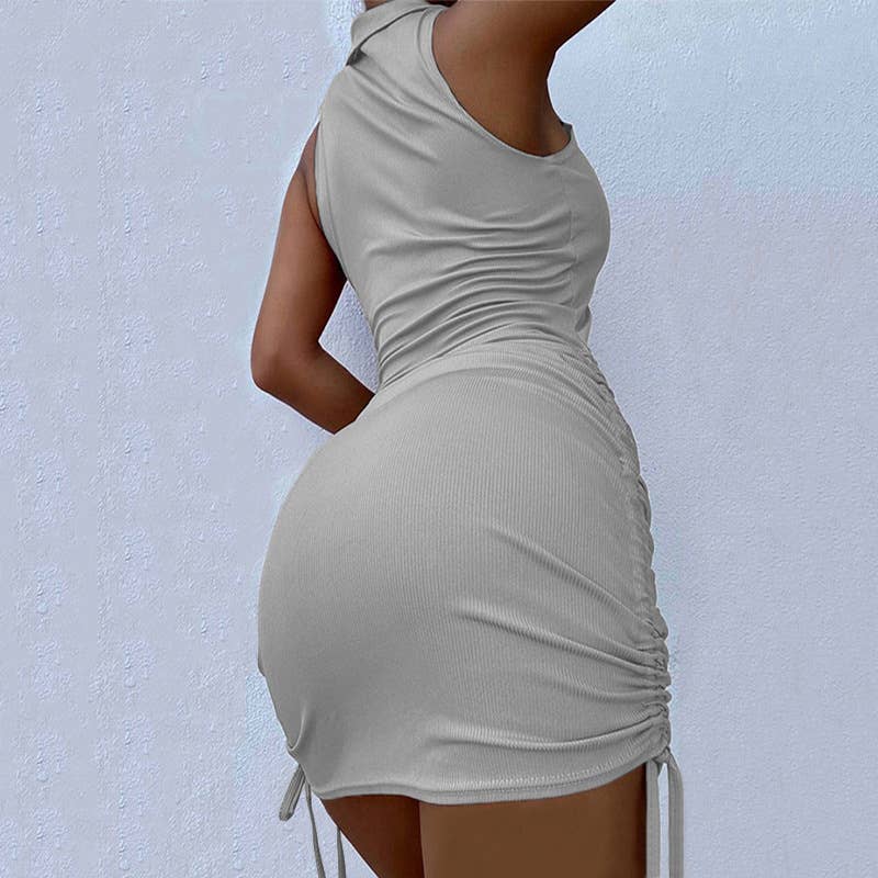 V-NECK LAPEL SLEEVELESS RIBBED SEXY KNIT DRESS