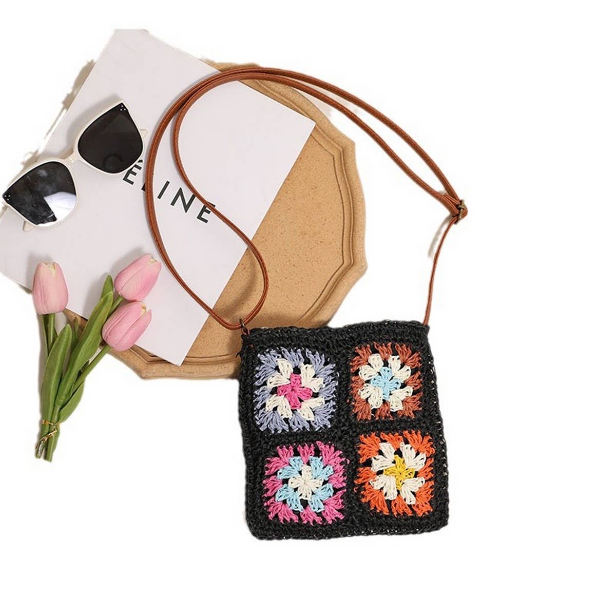 RETRO SQUARE HOLLOW FLOWER CROSSBODY STRAW BAG_CWAB1863