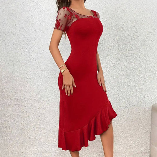 Sexy lace pullover with long short-sleeved dress