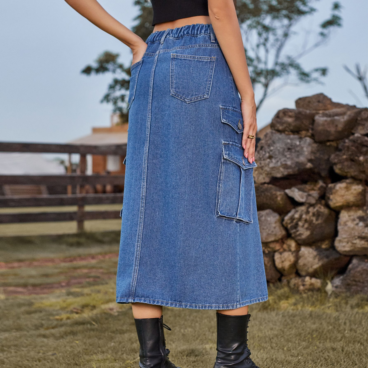 Women??¢s Casual Denim Midi Skirt Elastic Waist_CWJSK0204