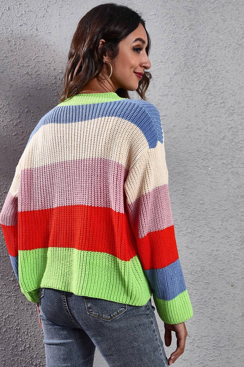 CWOCAL1224_CONTRAST RAINBOW STRIPES LOOSE KNIT CARDIGAN