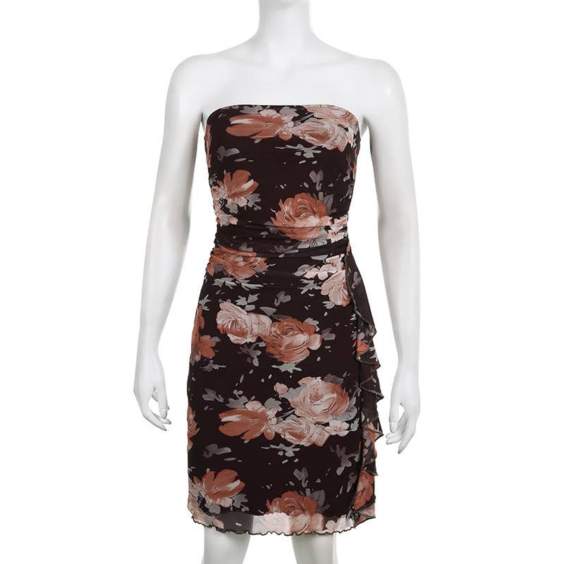 SLEEVELESS PRINTED HOLIDAY MESH WRAPPED HIP DRESS