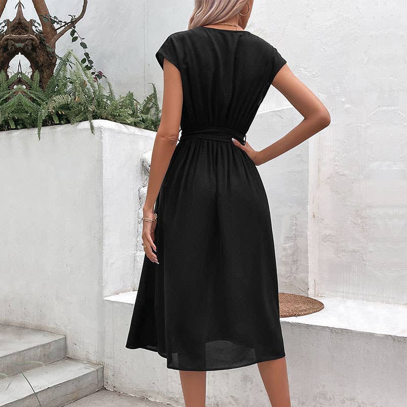 Simple,elegant versatile V-neck lace-up dress