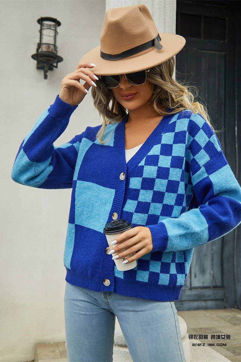 CWOCAL0925_PLAID PATCHWORK V-NECK SWEATER KNITTED JACKET